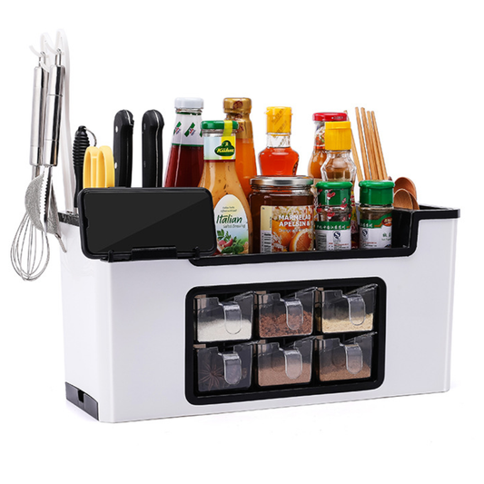 Organizator Multifunctional pentru Bucatarie Lodi531, 6 Compartimente, raft condimente, suport detasabil telefon,  tavita de scurgere, suport tacamuri/ustensile, alb