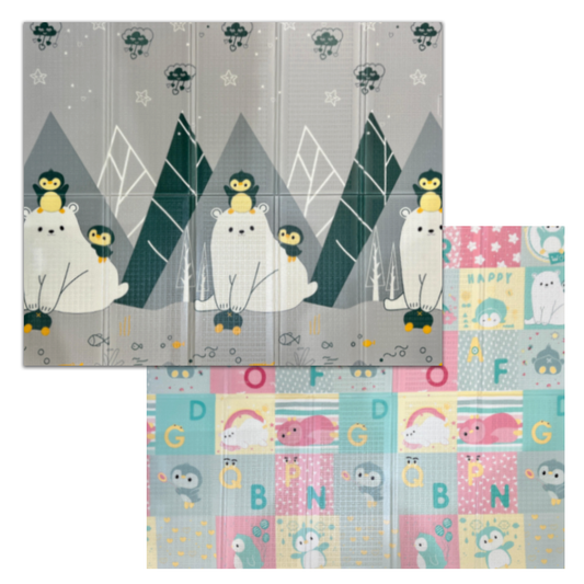 Covoras de Joaca pentru Copii Lodi662, 2 fete, termic, anti-derapant, pliabil, protectie impotriva loviturilor, animalute si munti, 200x180cm, grosime 1 cm, multicolor