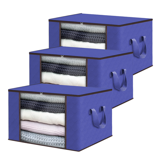 Set 3 Cutii pentru Depozitare si Organizare Mici Lodi1039, pliabile, maner ranforsat si fereastra transparenta, pentru haine/paturi/ plapumi/ perne/ lenjerii de pat/jucarii, 60 L, 46x48x28 cm, albastru