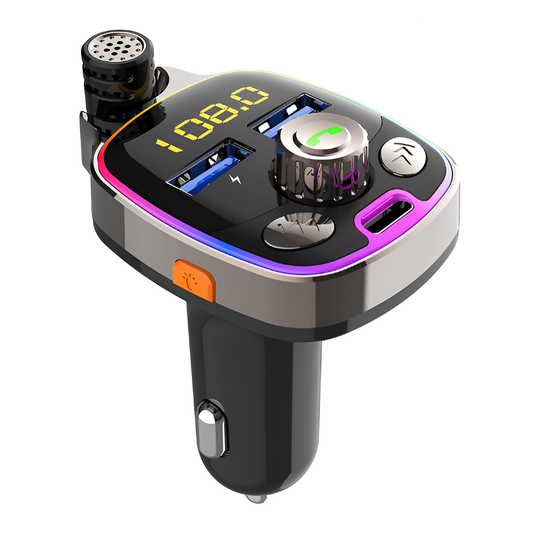 Modulator FM Auto Lodi1289, Bluetooth 5.0, functie de dubla incarcare, afisare voltaj baterie, transmitator FM, 3 porturi, USB Type-C, iluminare RGB, capacitate memorie 32 GB, lumini led, gri