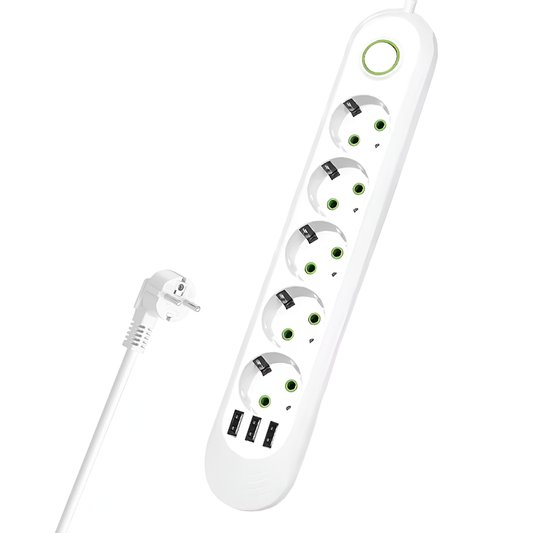 Prelungitor Lodi1278, 5 prize, 3 porturi USB, intrerupator, suport de agatare incorporat, rezistent la temperaturi inalte, universal, lungime 3 metri, alb