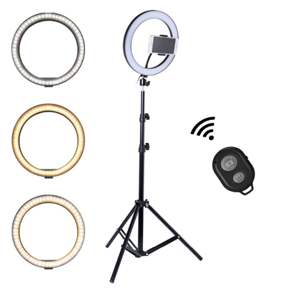 Lampa Circulara Ring Light Lodi203, Diametru 33,2cm/13 Inch, 3 moduri de lumina, 10 trepte reglaj, telecomanda si trepied 210 cm incluse, compatibilitate universala, alb