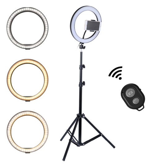 Lampa Circulara Ring Light Lodi201, Diametru 26cm/10 Inch, 3 moduri de lumina, 10 trepte reglaj, telecomanda si trepied 210 cm incluse, compatibilitate universala, alb