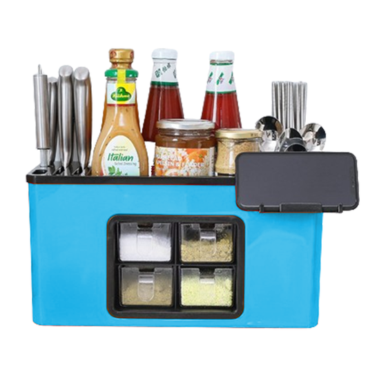 Organizator Multifunctional pentru Bucatarie Lodi604, 4 Compartimente, raft condimente, suport detasabil telefon,  tavita de scurgere, suport tacamuri/ustensile, albastru