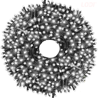 Instalatie de Craciun Liniara Lodi1434, 480 LED-uri, 8 jocuri de lumini, alimentare la priza, interior/exterior, rezistenta la apa, 100 m, alb rece