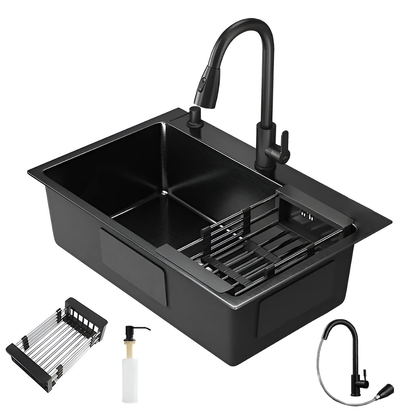 Chiuveta Multifunctionala pentru Bucatarie Lodi1218, materiale premium, baterie extensibila cu furtun de 60 de cm, rotire 360°, dozator de sapun inclus, scurgator de vase detasabil, adanca, usor de montat, negru mat