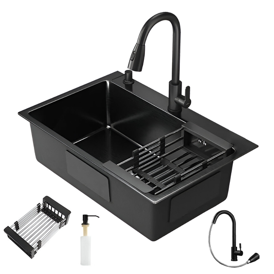 Chiuveta Multifunctionala pentru Bucatarie Lodi1218, materiale premium, baterie extensibila cu furtun de 60 de cm, rotire 360°, dozator de sapun inclus, scurgator de vase detasabil, adanca, usor de montat, negru mat