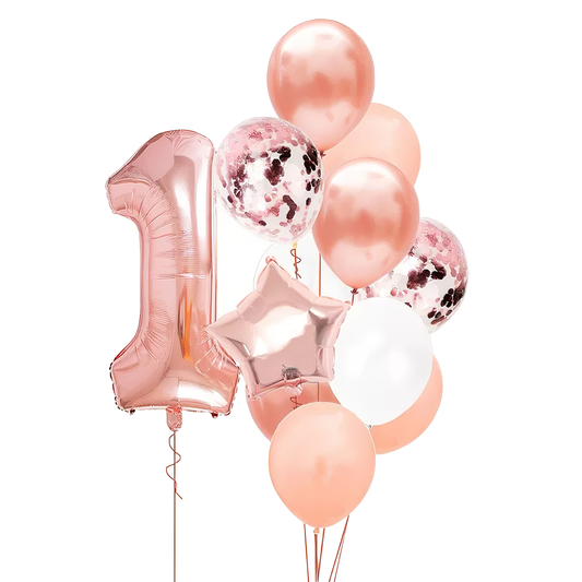 Set 12 Baloane Lodi1060, Cifra 1, pentru Petreceri/Aniversari/Evenimente, Stea/Rotunde/Confetti, 3 culori, latex, rose gold