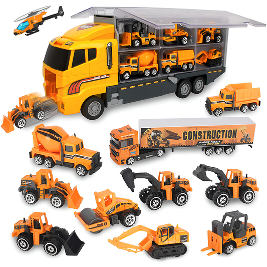 Set Camion Trailer de Jucarie pentru Transport Lodi1165, seria utilaje de constructie, 11 masinute incluse, bulldozer, utilaje, tir, accesorii mobile, lansator si rampa frontala, platforma tractare, galben