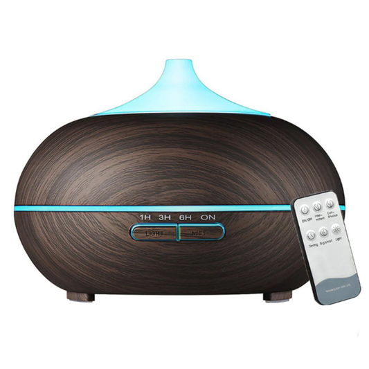 Difuzor Aromaterapie Lodi212, 7 culori LED, 2 jocuri de lumini, control prin telecomanda, capacitate 500ml, silentios, umidifica aerul, stejar inchis