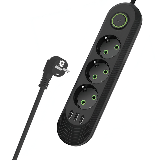 Prelungitor Lodi1277, 3 prize, 3 porturi USB, intrerupator, suport de agatare incorporat, rezistent la temperaturi inalte, universal, lungime 2 metri, negru