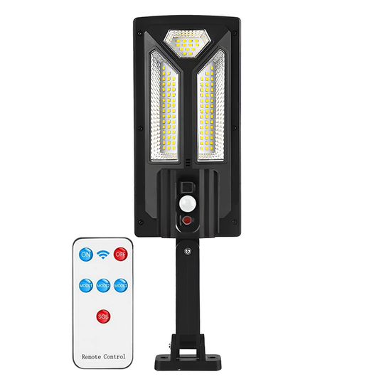 Lampa Solara Stradala 102 LED-uri Lodi881, control prin telecomanda, senzor de miscare, 3 moduri de iluminare, protectie IP65, Waterproof, exterior, negru