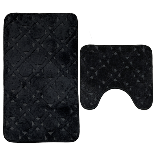 Set 2 Covorase de Baie Lodi1017, anti-derapante, material moale, design modern, model trifoi, 80x50 & 50x40cm, negru