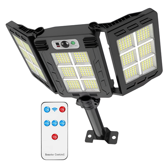 Lampa Solara Stradala 400 LED-uri Lodi872, 3 capete, control prin telecomanda, senzor de miscare, 3 moduri de iluminare, protectie IP65, Waterproof, exterior, negru
