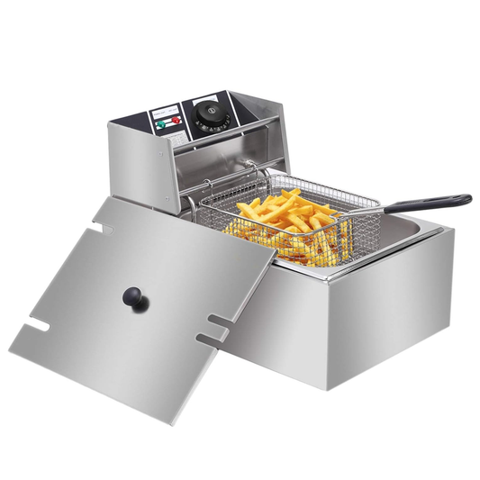 Friteuza Electrica Comerciala Lodi1110, un rezervor, usor de curatat, cos auto-strecurabil, blat din otel inoxidabil, capac pentru prevenirea stropirii, capacitate 10L, gri