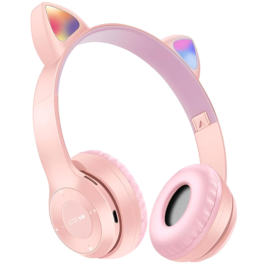 Casti Wireless Model Pisica Lodi951, P47M, overear, urechi de pisica cu iluminare RGB, bluetooth 5.0, handsfree, HiFi, bass stereo, roz