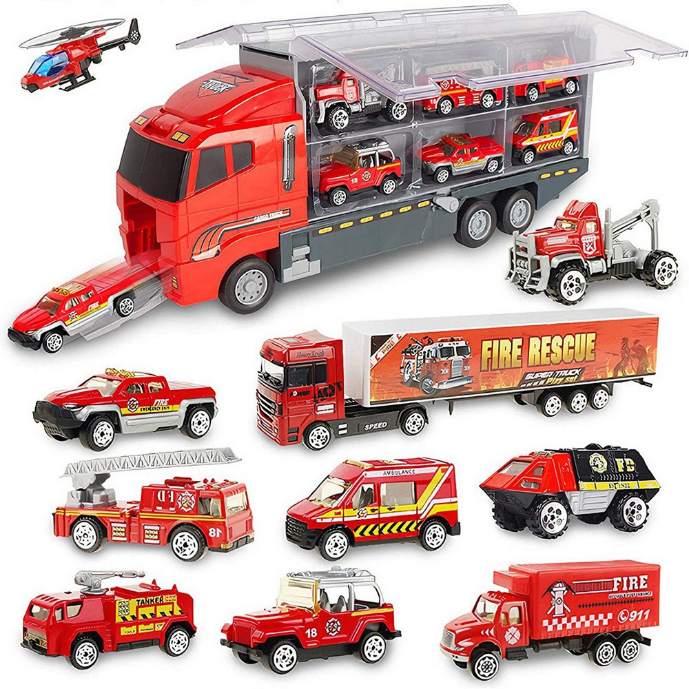 Set Camion Trailer de Jucarie pentru Transport Lodi1164, seria pompieri, 10 masinute incluse, ambulanta, utilaje, tir, accesorii mobile, lansator si rampa frontala, platforma tractare, rosu