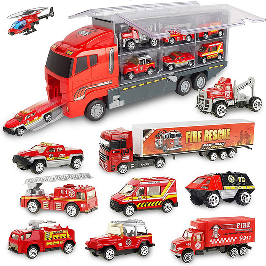 Set Camion Trailer de Jucarie pentru Transport Lodi1164, seria pompieri, 10 masinute incluse, ambulanta, utilaje, tir, accesorii mobile, lansator si rampa frontala, platforma tractare, rosu