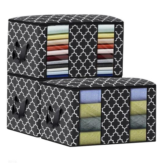 Set 3 Cutii pentru Depozitare si Organizare Lodi723, pliabile, maner ranforsat si fereastra transparenta, pliabile, pentru haine/paturi/ plapumi/ perne/ lenjerii de pat/jucarii, 100L, 63x 45x 36 cm, negru