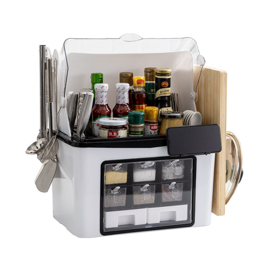 Organizator Multifunctional pentru Bucatarie Lodi483,  suport sticle, rafturi pentru condimente, cuier pentru ustensile, suport cutite, 46 x 26 x 43 cm, alb