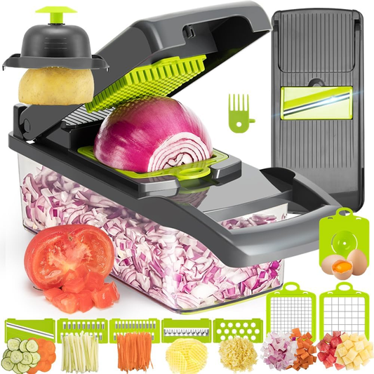 Feliator de Legume 13 in 1 Lodi752, multifunctional, 8 taieturi, accesorii pentru tocat, maruntit, feliat, julienne, separator de oua, lame de inox, 28 x 13 cm, verde