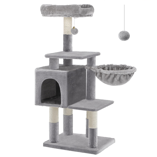 Ansamblu de Joaca pentru Pisici Lodi320, cu 3 platforme de observatie, 3 niveluri, 1 casuta, franghie si minge de joaca, stalpi pentru zgariat, captuseala extra moale, structura stabila, 110 cm, gri