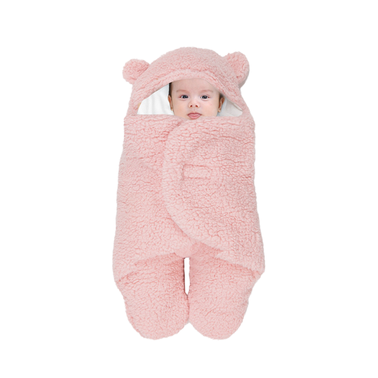 Paturica Pufoasa pentru Bebe Lodi496, calduroasa, in forma de ursulet pentru infasat bebelusi, prindere velcro, 0-6 luni, roz