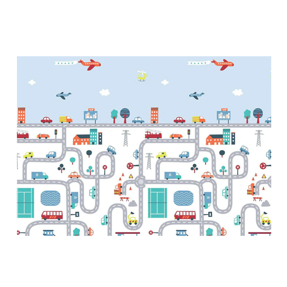 Covoras de Joaca pentru Copii Lodi287, 2 fete, termic, anti-derapant, pliabil, protectie impotriva loviturilor, oras si padure, 200x180cm, grosime 1 cm, multicolor