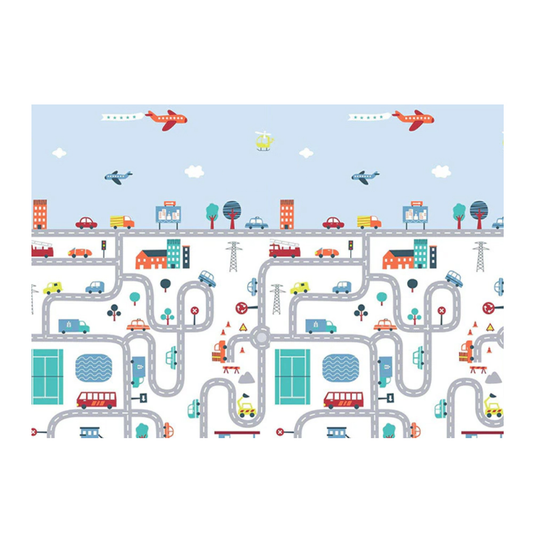 Covoras de Joaca pentru Copii Lodi287, 2 fete, termic, anti-derapant, pliabil, protectie impotriva loviturilor, oras si padure, 200x180cm, grosime 1 cm, multicolor