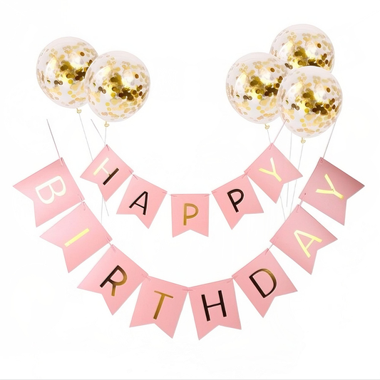 Set 5 Baloane cu Banner Lodi1061, Confetti, pentru Petreceri/Aniversari/Evenimente, model HAPPY BIRTHDAY, roz
