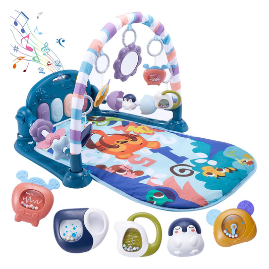 Centru de Activitati si Joaca Lodi1108, saltea interactiva pentru copii cu sunete, multifunctional, pian si oglinda detasabile, jucarii zornaitoare, 4 moduri interactive si educative, albastru inchis