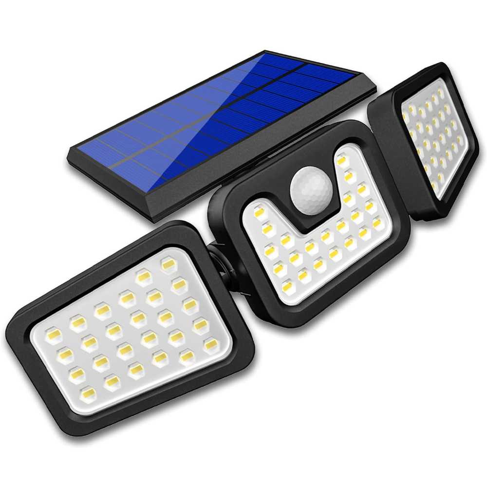 Lampa Solara Tripla 72 LED-uri Lodi64, senzor de miscare, 3 moduri de iluminare, protectie IP67, Waterproof, exterior, negru