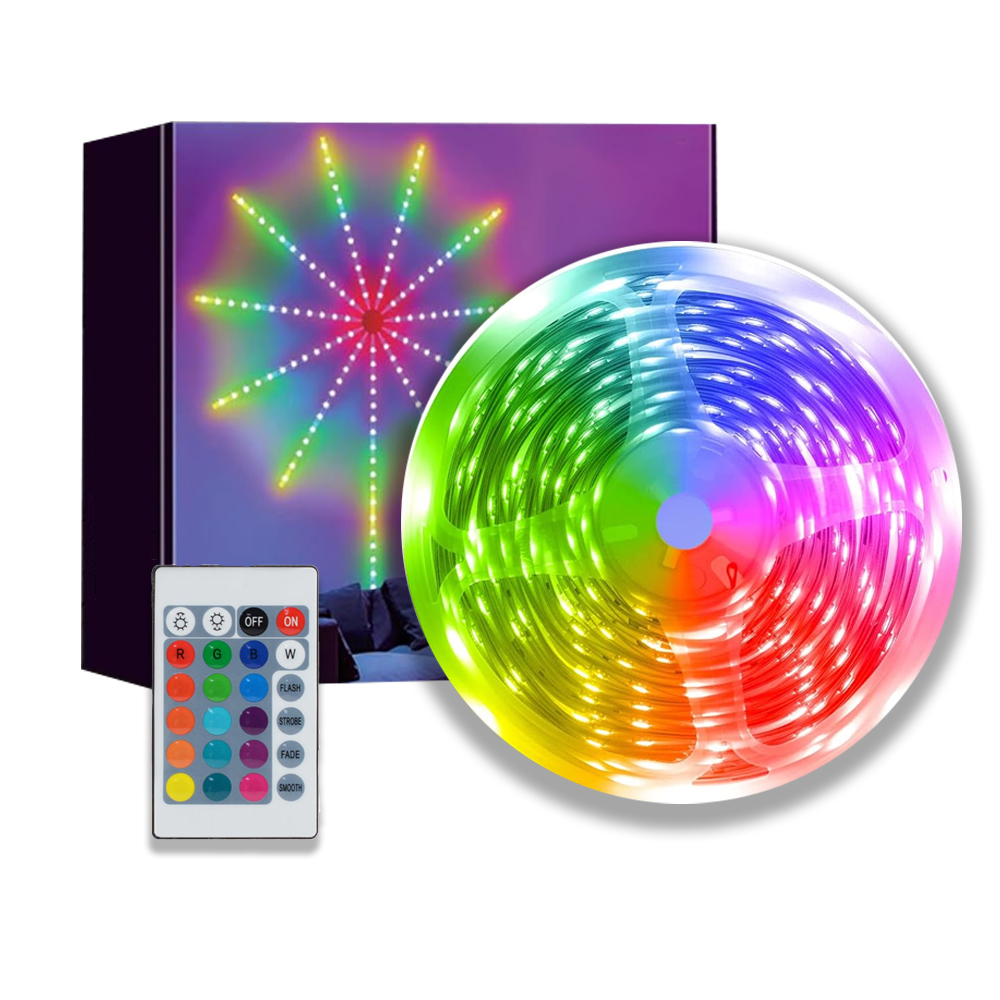 Kit Banda LED RGB Lodi420, model artificii, inteligenta cu intensitate de lumina si culori reglabile, control prin telecomanda cu 24 taste si aplicatie telefonica, 5050RGB, utilizare exterior IP65, 10 m, multicolora