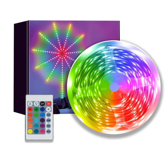 Kit Banda LED RGB Lodi420, model artificii, inteligenta cu intensitate de lumina si culori reglabile, control prin telecomanda cu 24 taste si aplicatie telefonica, 5050RGB, utilizare exterior IP65, 10 m, multicolora