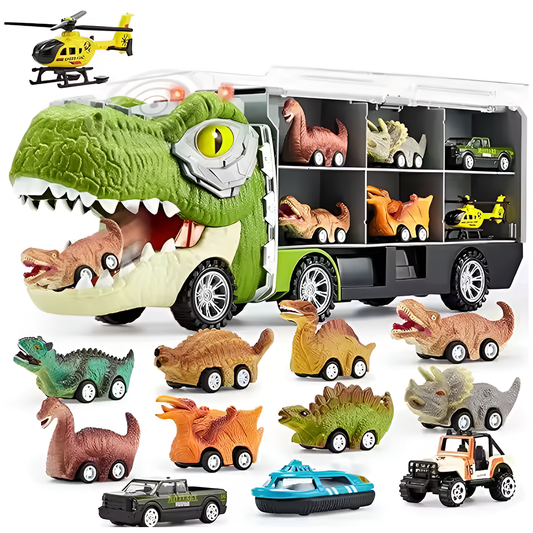 Set Camion Trailer de Jucarie pentru Transport Lodi1168, T-REX, 12 vehicule incluse, masina, barca, elicopter, accesorii mobile, lansator si rampa frontala, platforma tractare, verde deschis