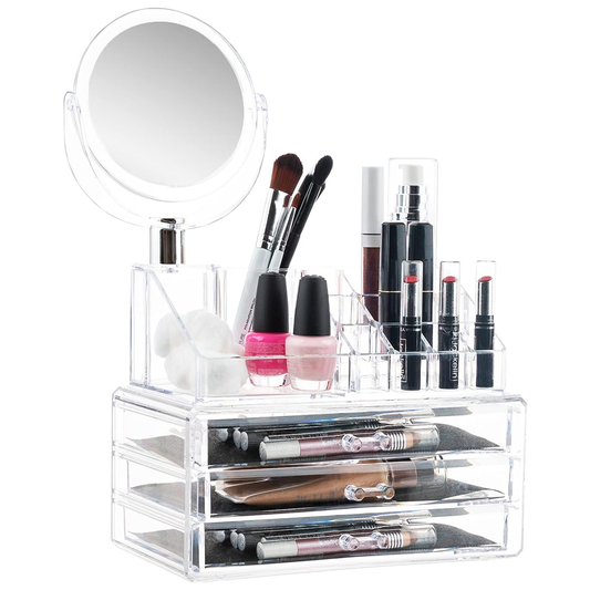 Organizator Cutie Depozitare pentru Produse Cosmetice Lodi472, bijuterii si alte obiecte, 3 sertare, oglinda incorporata, piese detasabile, transparent, 24 x 35 cm