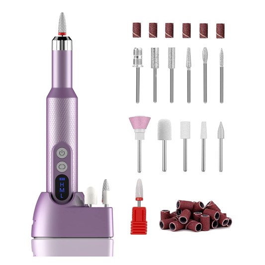 Pila Electrica Profesionala pentru Unghii Lodi1136, freză wireless, 18000 RPM, ecran LED, manichiura-pedichiura, 12 capete pentru pila, 36 benzi de slefurie, portabila, mov