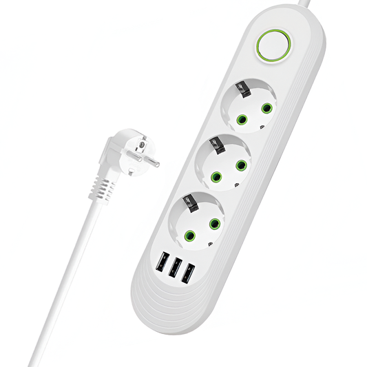 Prelungitor Lodi1276, 3 prize, 3 porturi USB, intrerupator, suport de agatare incorporat, rezistent la temperaturi inalte, universal, lungime 2 metri, alb