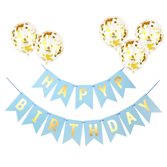 Set 5 Baloane cu Banner Lodi1062, Confetti, pentru Petreceri/Aniversari/Evenimente, model HAPPY BIRTHDAY, albastru