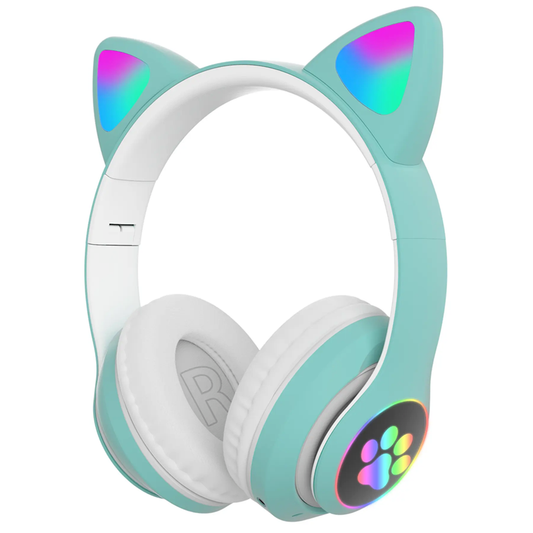Casti Wireless Model Pisica Lodi948, STN-28, overear, urechi de pisica cu iluminare RGB, bluetooth 5.0, handsfree, HiFi, bass stereo, turcoaz