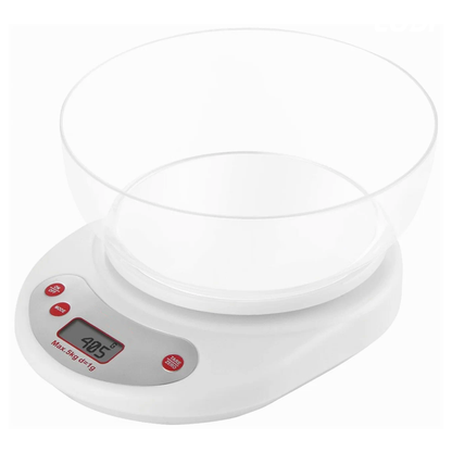 Cantar Electronic de Bucatarie Lodi646, bol inclus, capacitate maxima 5 kg, acuratete 1 g, afisaj digital, resetare la pornire, 3 unitati de masura, functionare cu baterii 2 x AA, alb