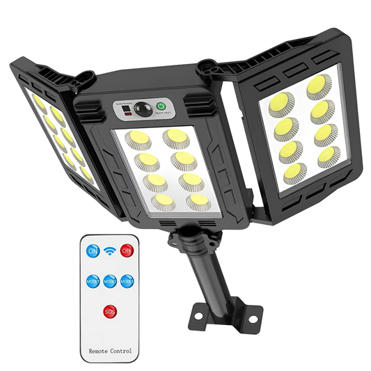 Lampa Solara Stradala 24 LED-uri Lodi877, tip bec, 3 capete, control prin telecomanda, senzor de miscare, 3 moduri de iluminare, protectie IP65, Waterproof, exterior, negru