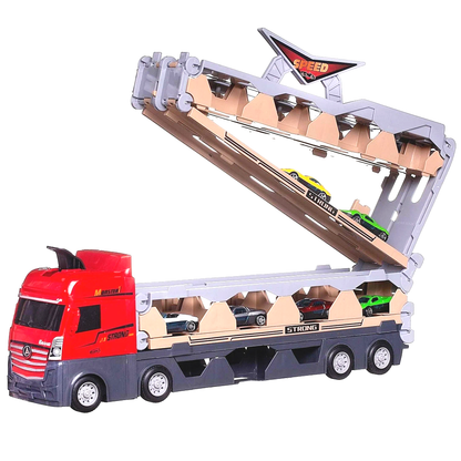 Set Camion Trailer de Jucarie pentru Transport Masinute de Curse Lodi530, tir si 8 masini, catapultare vehicule, platforma si pista de curse, prelungire 2.07 m, rosu