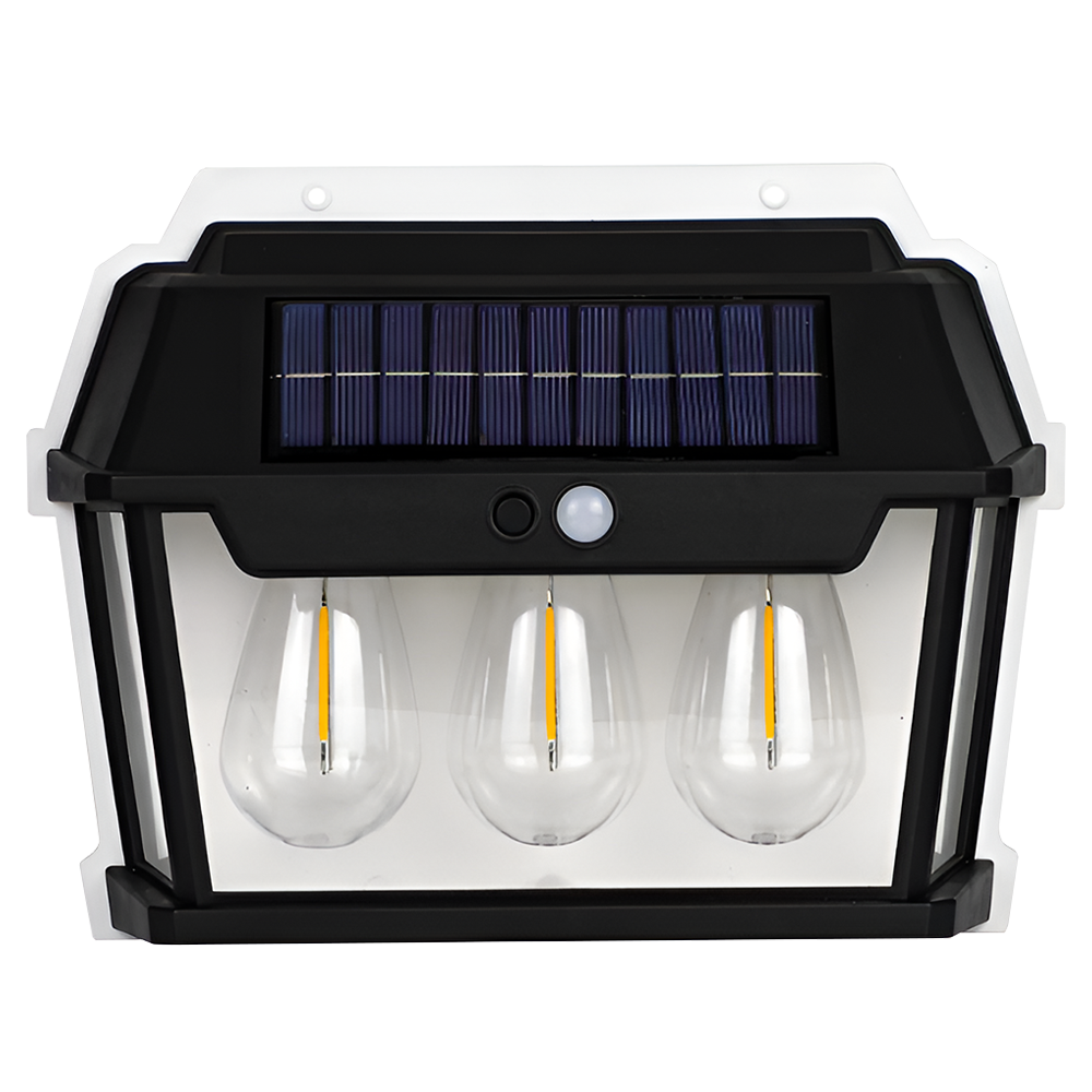 Lampa Solara de Perete LED Tip Felinar Triplu Lodi1274, senzor de miscare 5-8 metri, fara fir, 3 moduri de iluminare, protectie IP65, Waterproof, exterior, negru