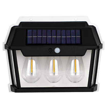 Lampa Solara de Perete LED Tip Felinar Triplu Lodi1274, senzor de miscare 5-8 metri, fara fir, 3 moduri de iluminare, protectie IP65, Waterproof, exterior, negru