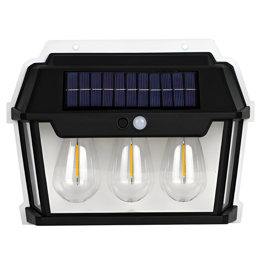 Lampa Solara de Perete LED Tip Felinar Triplu Lodi1274, senzor de miscare 5-8 metri, fara fir, 3 moduri de iluminare, protectie IP65, Waterproof, exterior, negru