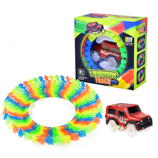 Circuit Masinute Lodi517, 56 piese, pista iluminata configurabila, fosforescenta, masinuta cu lumini rosie, multicolor
