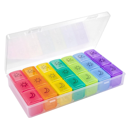 Cutie Organizatoare de Medicamente Lodi750, pastile si vitamine, 7 zile, recipiente detasabile cu 3 compartimente, compacta, 20 x 11 cm, multicolor