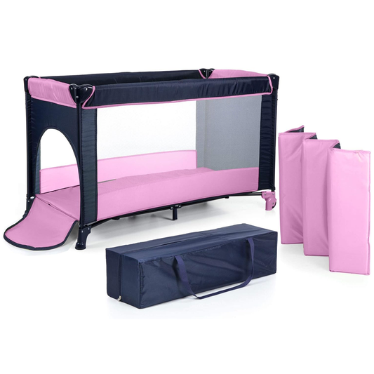 Patut Turistic Pliabil pentru Copii Lodi983, usa cu fermoar exterior, plasa de protectie tantari, materiale calitative, usor de montat, geanta de depozitare, dimensiuni 125x78x65, roz