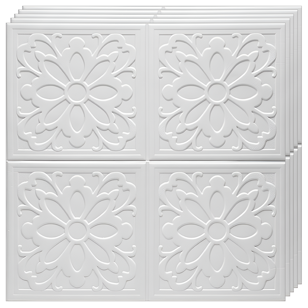 Set 10x Tapet 3D Lodi837, suprafata acoperire 4.9 mp, autoadeziv, Model Floare Patrat, perete/tavan, waterproof, usor de montat, design modern, 70x77 cm, alb